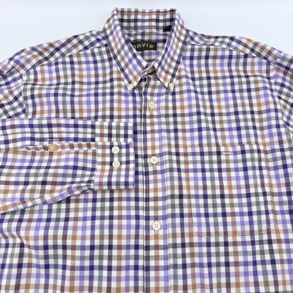 Orvis Country Twill Plaid Button Down Shirt Mens Large Purple Tan Made Portugal
